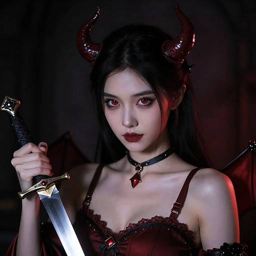 Demon Girl with Crimson Eyes Holding Dagger
