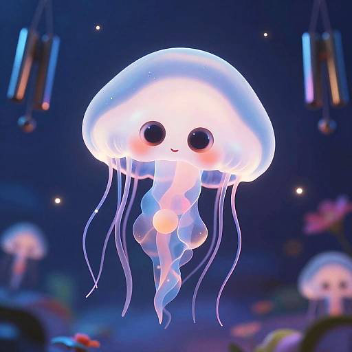 Cute, glowing jellyfish with large, round black eyes and pink blush, floating in a dark, colorful underwater-themed room. Photorealistic CGI
