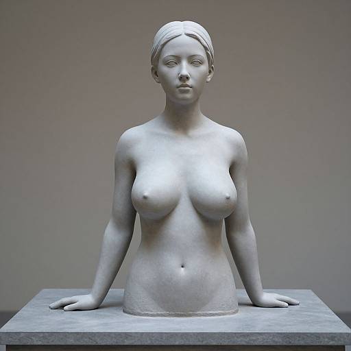 Photograph of a life-sized, marble statue of a topless woman with short hair, arms resting on a pedestal, against a plain gray background.