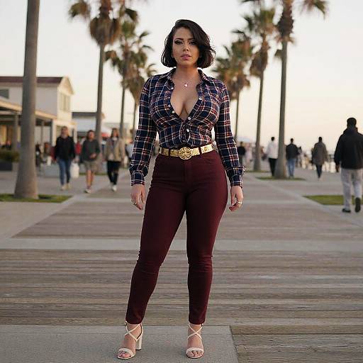Photograph of a confident woman with dark hair, wearing a plaid blouse with deep neckline, dark brown pants, gold belt, and white strappy