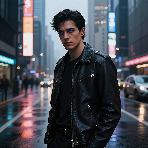 Futuristic Man in Neon Cityscape