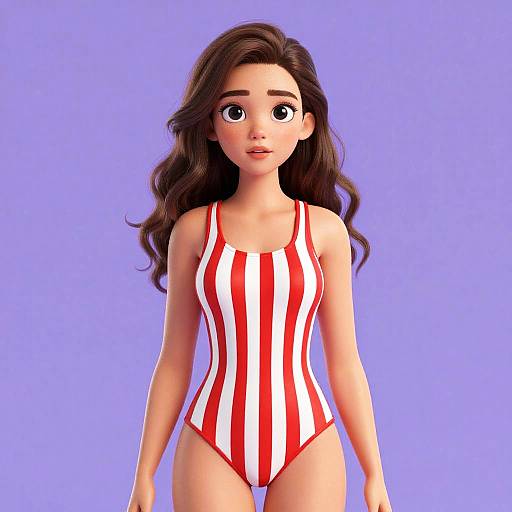 Digital illustration of a cute anime-style woman with long brown hair, wearing a red and white striped one-piece swimsuit, against a solid purple background.