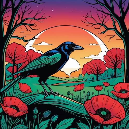 Blackbird at Sunset with Red Poppies