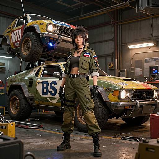 Photograph-style digital art of a punk-styled woman with spiked hair, green military pants, black crop top, and gloves, standing in a dim