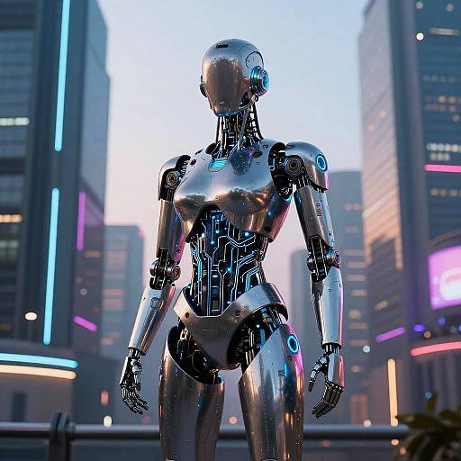 Photorealistic CGI of a shiny, silver, female robot with exposed circuitry standing in a futuristic cityscape at dusk, illuminated by neon lights.