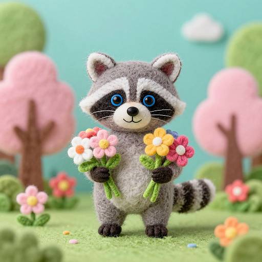 Cute, CGI raccoon with big blue eyes holding colorful flowers, standing in a vibrant, cartoon-style garden with pink trees and green grass.