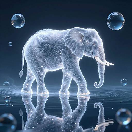 Glowing blue neon elephant walks on water, surrounded by floating bubbles, with a reflective surface beneath. Digital artwork.