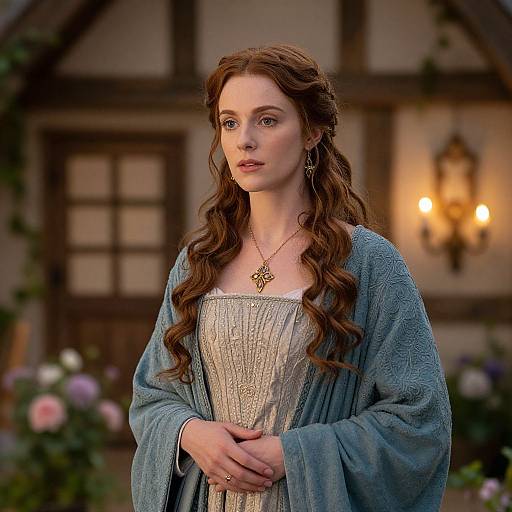 Photograph of a fair-skinned woman with long, wavy brown hair, wearing a blue robe over a beige, intricately patterned dress and