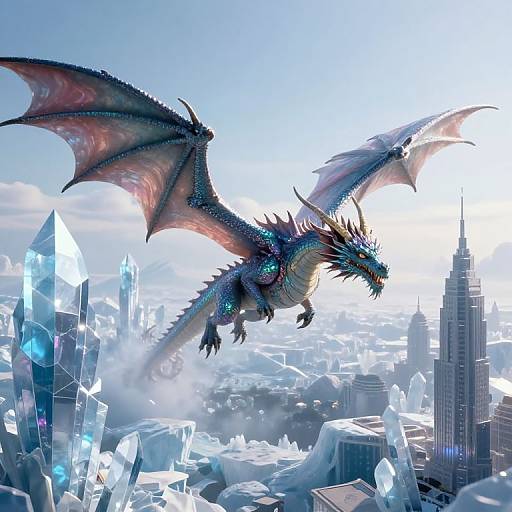 Digital art: A majestic, iridescent blue dragon with red-tinted wings soars over a crystalline, icy cityscape, featuring tall