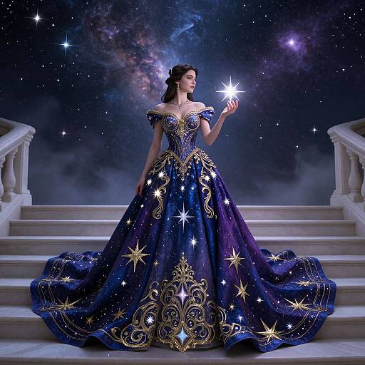 Photograph of a woman in an elaborate, star-patterned blue and gold ball gown, holding a glowing star, standing on white marble steps with a