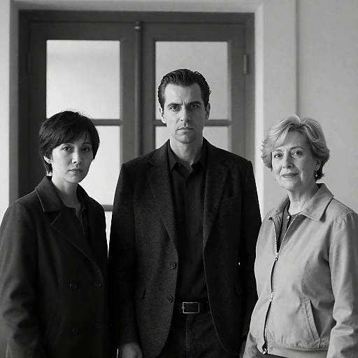 Black and White Portrait of Three Adults Standing