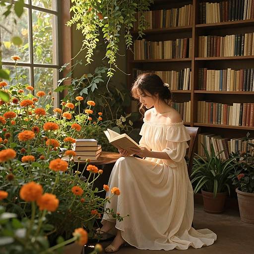 Photograph of a woman in a white off-shoulder dress reading a book in a sunlit library corner with orange marigolds, potted