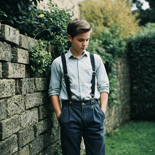 Boy in Suspenders by Garden Wall