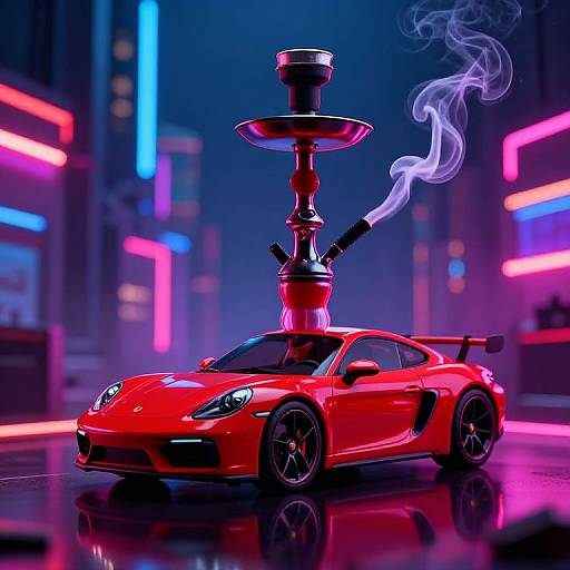 Photograph of a vibrant red sports car with a smoking hookah in a neon-lit, futuristic cityscape at night.