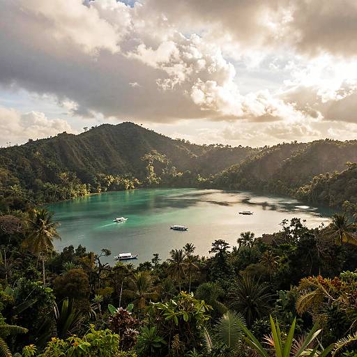 Tropical Volcanic Crater Lake with Traditional Boats