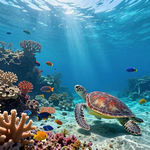 Colorful underwater photograph of a sea turtle swimming near vibrant coral reefs and colorful fish, with sunlight filtering through the clear blue water.