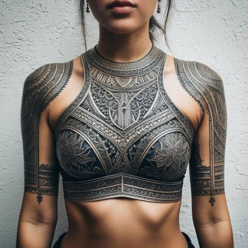 Woman with full upper body tribal tattoos