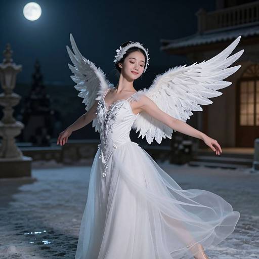 Elegant Swan Ballerina in Moonlit Courtyard