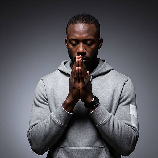 Photograph of a dark-skinned man with short hair, wearing a gray hoodie, hands clasped in prayer, eyes closed, against a gradient gray