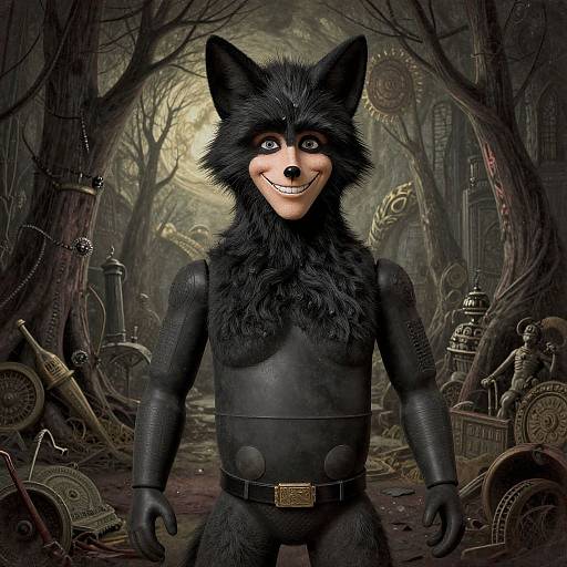 Digital art: Anthropomorphic black-furred wolf with a human body and a wide grin, dressed in a black leather suit, stands in a dark,