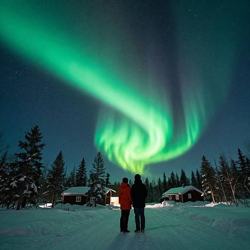 Photograph of two people in winter clothes standing in snowy landscape, gazing at vivid green Northern Lights above dark pine trees and snow-covered cabins.