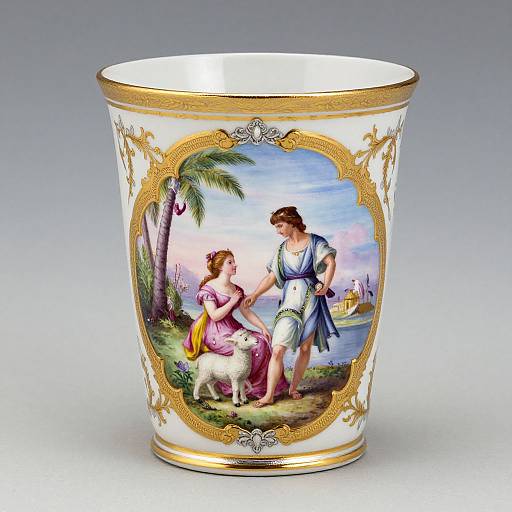 Decorative porcelain cup with a gold rim and ornate frame, featuring a classical painting of a woman in pink and a man in blue, standing by