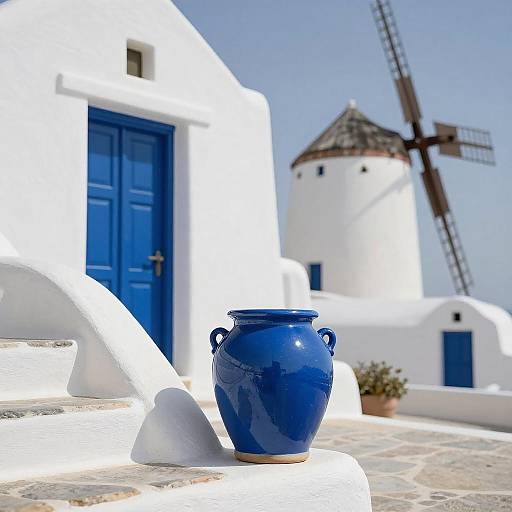 Sunlit White-Washed Building with Blue Accents