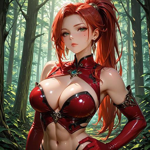 Anime Red-Haired Woman in Forest