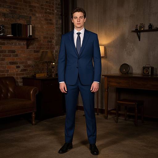Photograph of a handsome young man in a dark navy suit, white shirt, and black tie, standing in a rustic, dimly-lit room