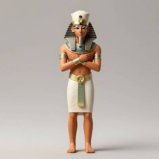 3D CGI image of an ancient Egyptian woman with dark skin, striped nemes headdress, white dress, arm bands, and gold necklace, standing