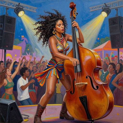 Digital painting of a vibrant Black woman with curly hair, wearing a colorful bikini and skirt, playing a large double bass on stage, surrounded by cheering,