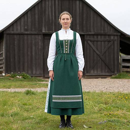 Photograph of a young woman in traditional Nordic dress, standing in front of a dark wooden barn on a grassy field.
