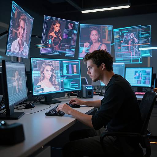 Photograph of a young man with curly brown hair, wearing a black shirt, working at a computer with multiple screens displaying various images and data overlays in