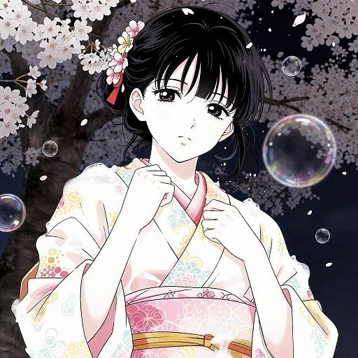 Digital anime-style drawing of a young Japanese woman with black hair, wearing a floral kimono, surrounded by cherry blossoms and bubbles.