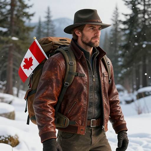 Photograph of a bearded man in brown leather jacket, black shirt, and hat, carrying a backpack with a Canadian flag, walking in a snowy