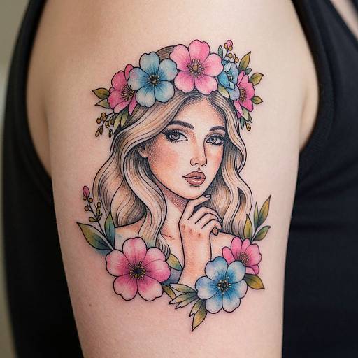 Colorful tattoo of a fair-skinned woman with wavy blonde hair, wearing a flower crown, surrounded by pink and blue flowers, on a person