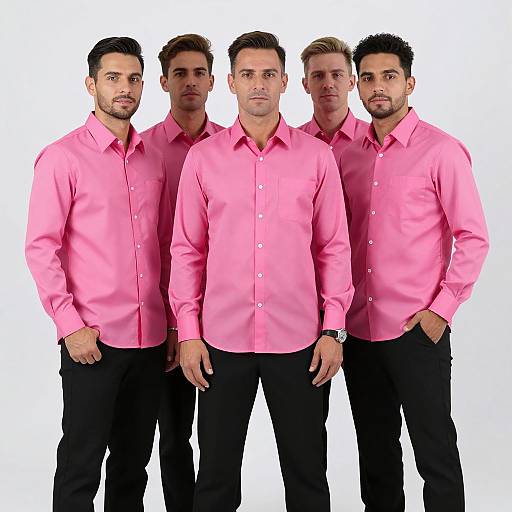 Photograph of five men standing in a row, all wearing pink dress shirts and black pants, against a white background.