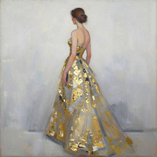 Impressionistic painting of a woman in a golden, star-patterned, strapless ball gown, seen from the back, with a white, textured