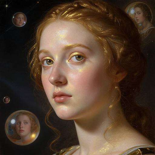 Digital art portrait of a fair-skinned, red-haired woman with green eyes, surrounded by floating bubbles containing her face, against a dark background.