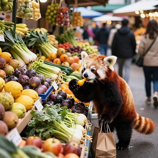 Photograph of a red panda standing on hind legs at a colorful market stall, holding a grape, surrounded by vibrant fruits and vegetables, with blurred shoppers
