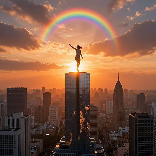 Silhouetted girl with outstretched arms stands on skyscraper peak, sun behind, vibrant rainbow arcs across cityscape at sunset. Photographic