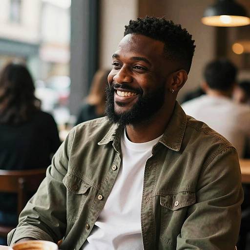 Photograph of a smiling Black man with a short afro and beard, wearing a green military-style jacket over a white shirt, seated in a warmly