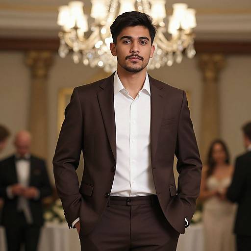 Photograph of a handsome young South Asian man in a dark brown suit, white shirt, standing confidently in an elegant, chandelier-lit ballroom