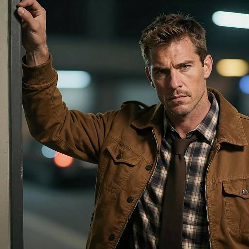 Serious Man in Brown Jacket by Doorframe