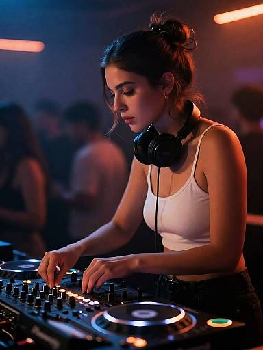 Focused Female DJ Leaning Over Console