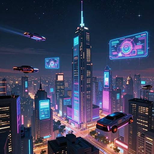 Neon-lit futuristic cityscape at night, featuring illuminated skyscrapers, flying cars, and hovering holographic screens with vibrant blue, pink,
