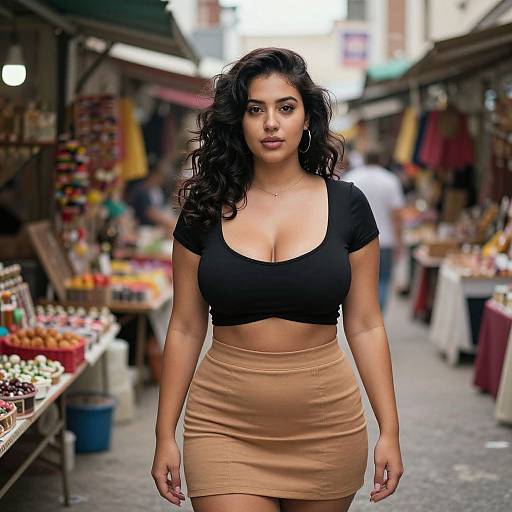 Photograph of a curvy, dark-haired woman with large breasts, wearing a black crop top and tan skirt, walking through a bustling outdoor market with