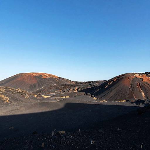 Photograph of a volcanic landscape at sunset, featuring two dark brown, rugged volcanic hills with reddish highlights under a clear, bright blue sky.