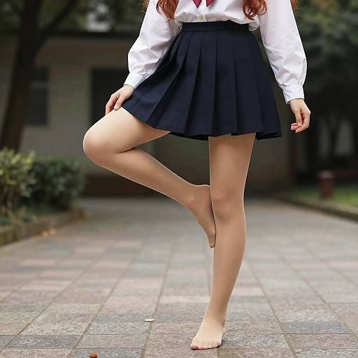 Photograph of a woman in a white blouse and black pleated skirt, standing on one leg with her other leg raised, barefoot on a paved