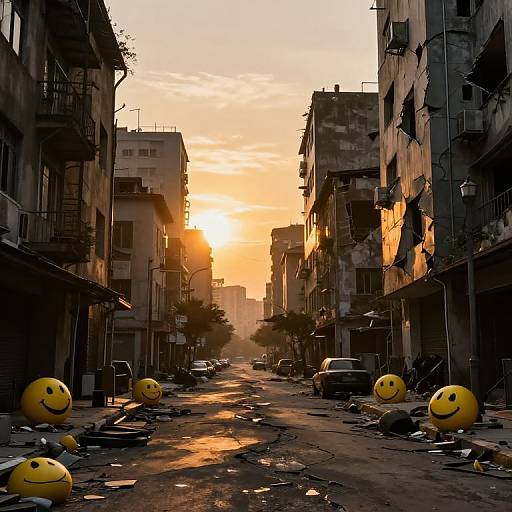 Photograph of a sunsetting urban alley with cracked pavement, dilapidated buildings, scattered debris, and yellow smiley face emojis. Warm orange sky
